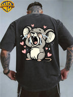 Warner Bros. Officially Authorizes Crying on the Floor with Floating Love Print  Washed Outdated Short Sleeve T-shirt for Men and Women, Machine Washable Daily Commuter Outdoor Sports and Leisure Top - Black
