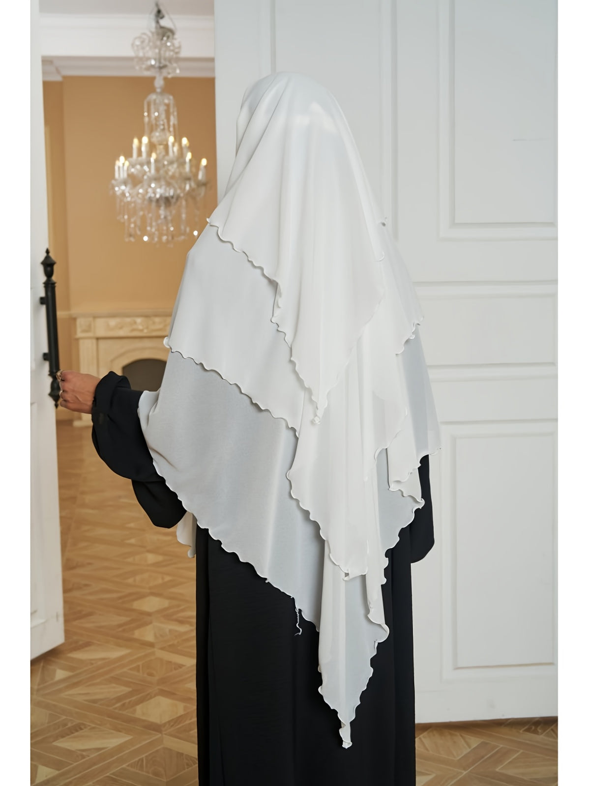 1pc Fashionable, Elegant and Casual Three-layer Chiffon Fabric Solid Color Suitable for Daily Wear, Loose and Comfortable Women's Abaya Headscarf, Women Wedding Robe Aid Femme Abayas for Women Muslim Jilbab Femme Khimar - White