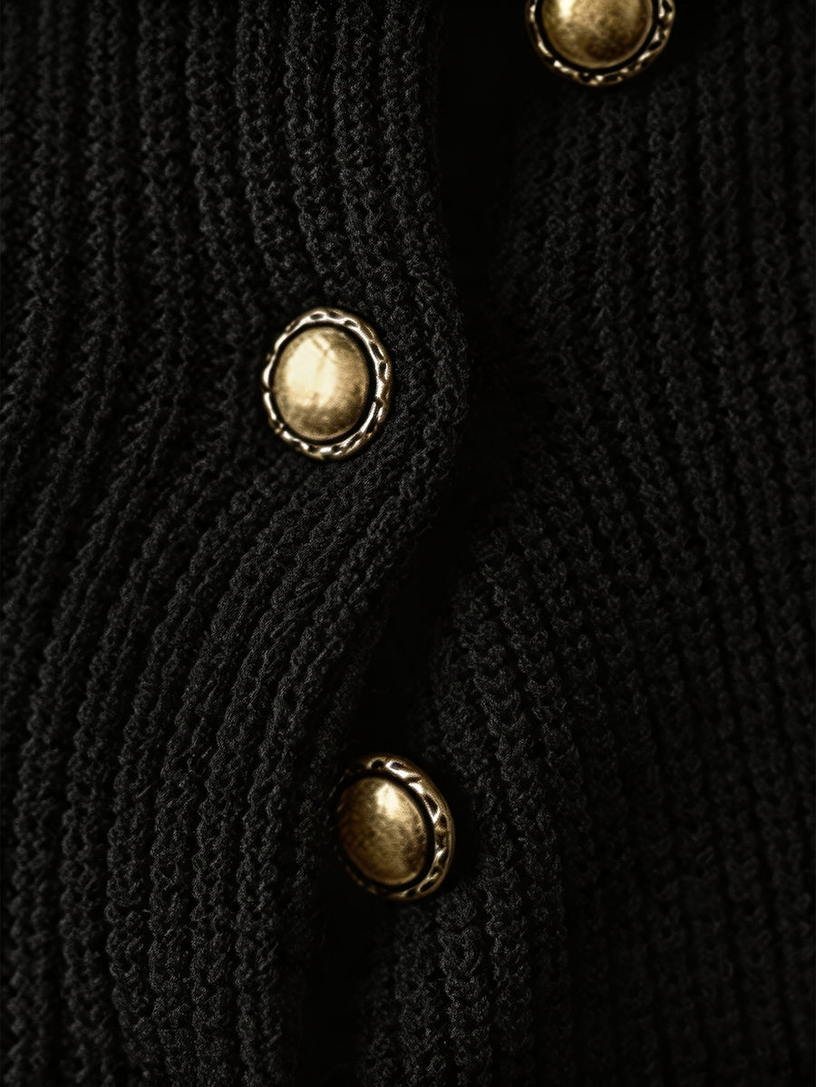 Men's Half-Turtleneck Sweater, Vintage Loose Drop-Shoulder Fit, Old Money Style Simple Casual Design, Autumn/Winter Warm Cable Knit Fabric, Skin-Friendly and Soft, Diagonal Placket with Button Row, Versatile Men's Knit Top, Men's Long-Sleeve Pullover - Black