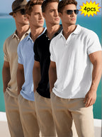 2026 Summer Men's 4pcs Set: Casual Vacation Relaxed Breathable Linen-Textured Business Casual Loose Fit Comfortable Minimalist Basic Style for Seaside Beach Golf Fishing Short-Sleeve Shirt - Card Blue Black White