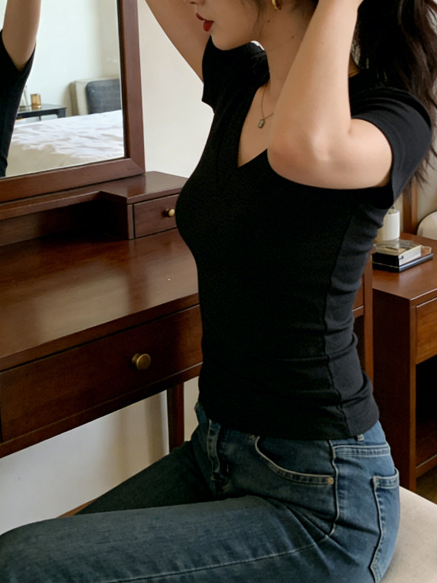 V-neck Short-sleeve T-shirt, Stretchy Slim-fit Versatile Base Layer, Hot Top - Black