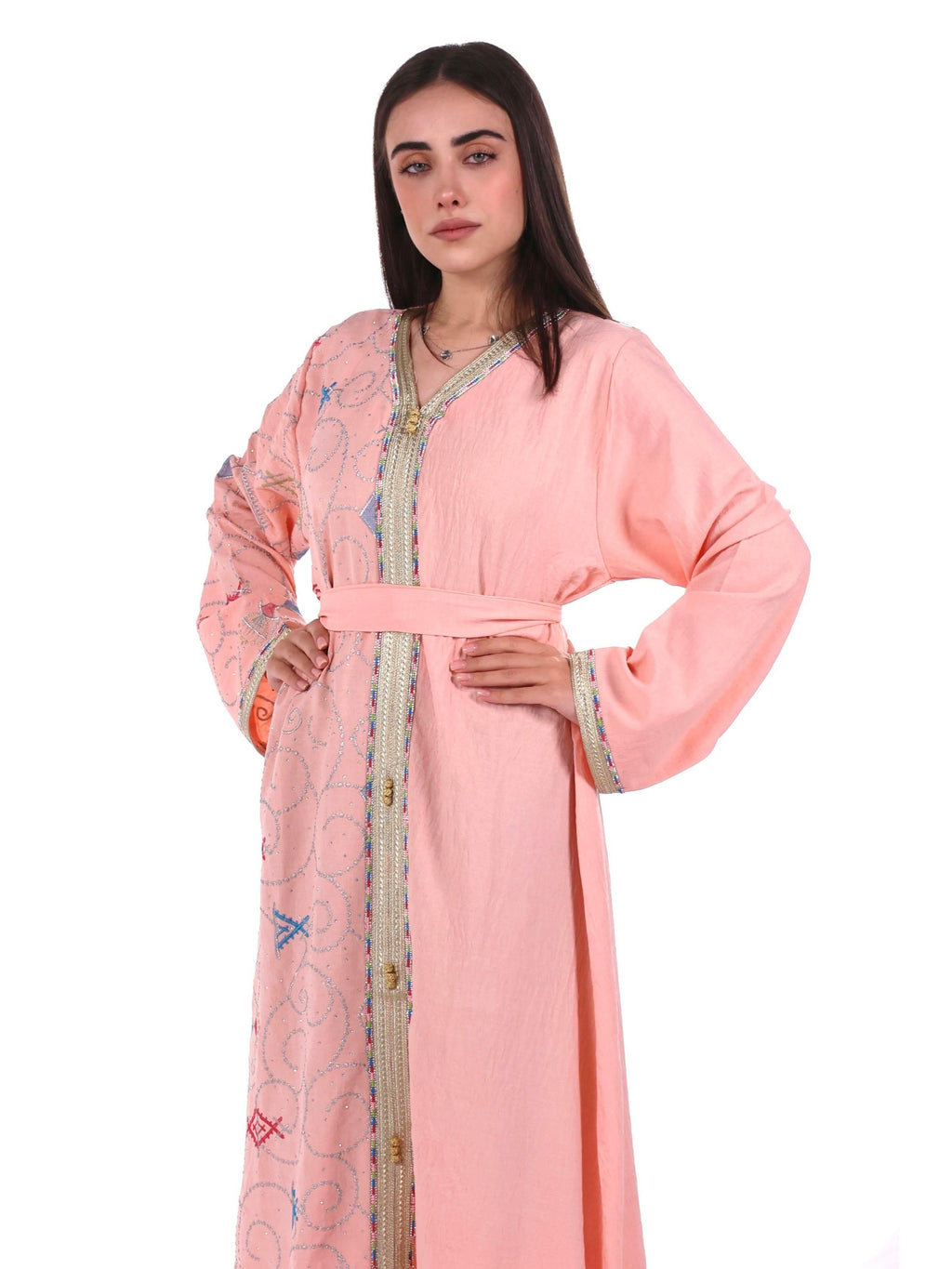Middle East Women's New Traditional Style Dress Kaftan Robe Jalabiya Festival Evening Gown Abayas Suitable for Holiday Party Wear Women's Evening Dress, Casual Dress with belt - Pink