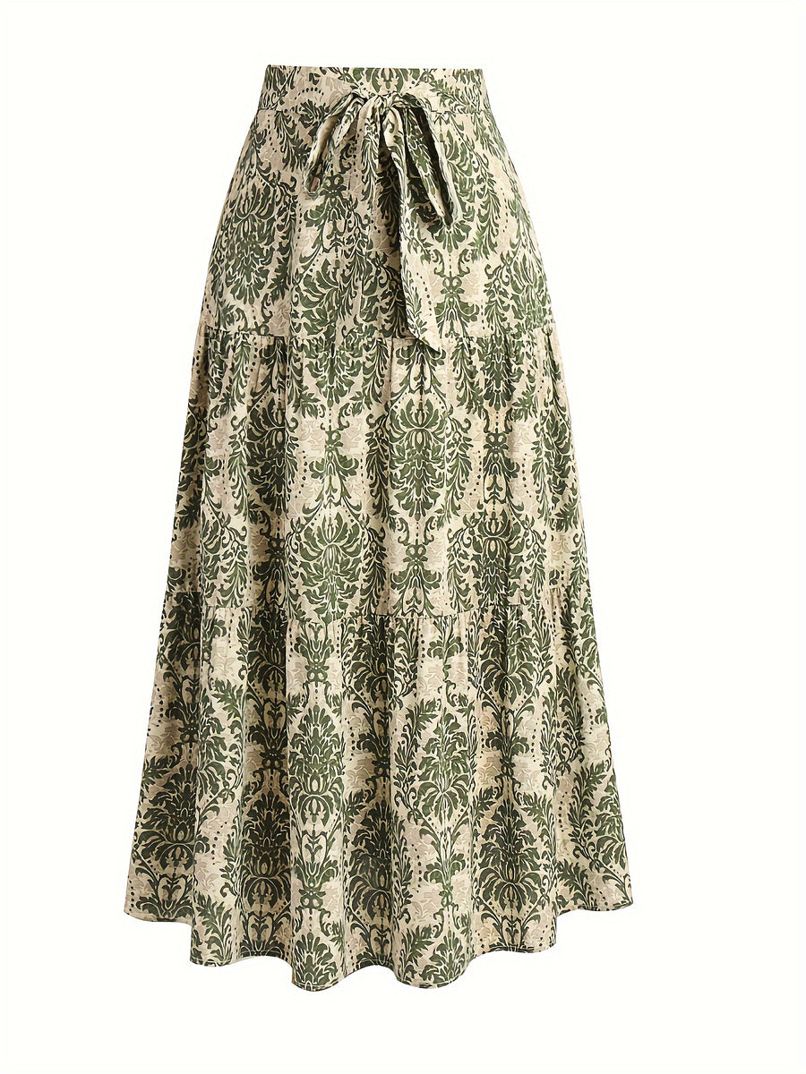 All-Over Print Long Holiday Casual Dress with Belt - Mixed colors