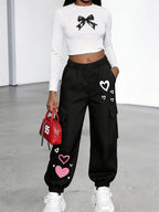 New Arrival - Women's Cargo Pants Sold Individually, Cute and Fun Heart Print Work Pants with Multiple Pockets, Cargo Pants Style, Long Pants for Fashionable Aged 18-25, Machine Washable, Durable Fabric - Suitable for Spring and Summer - Black