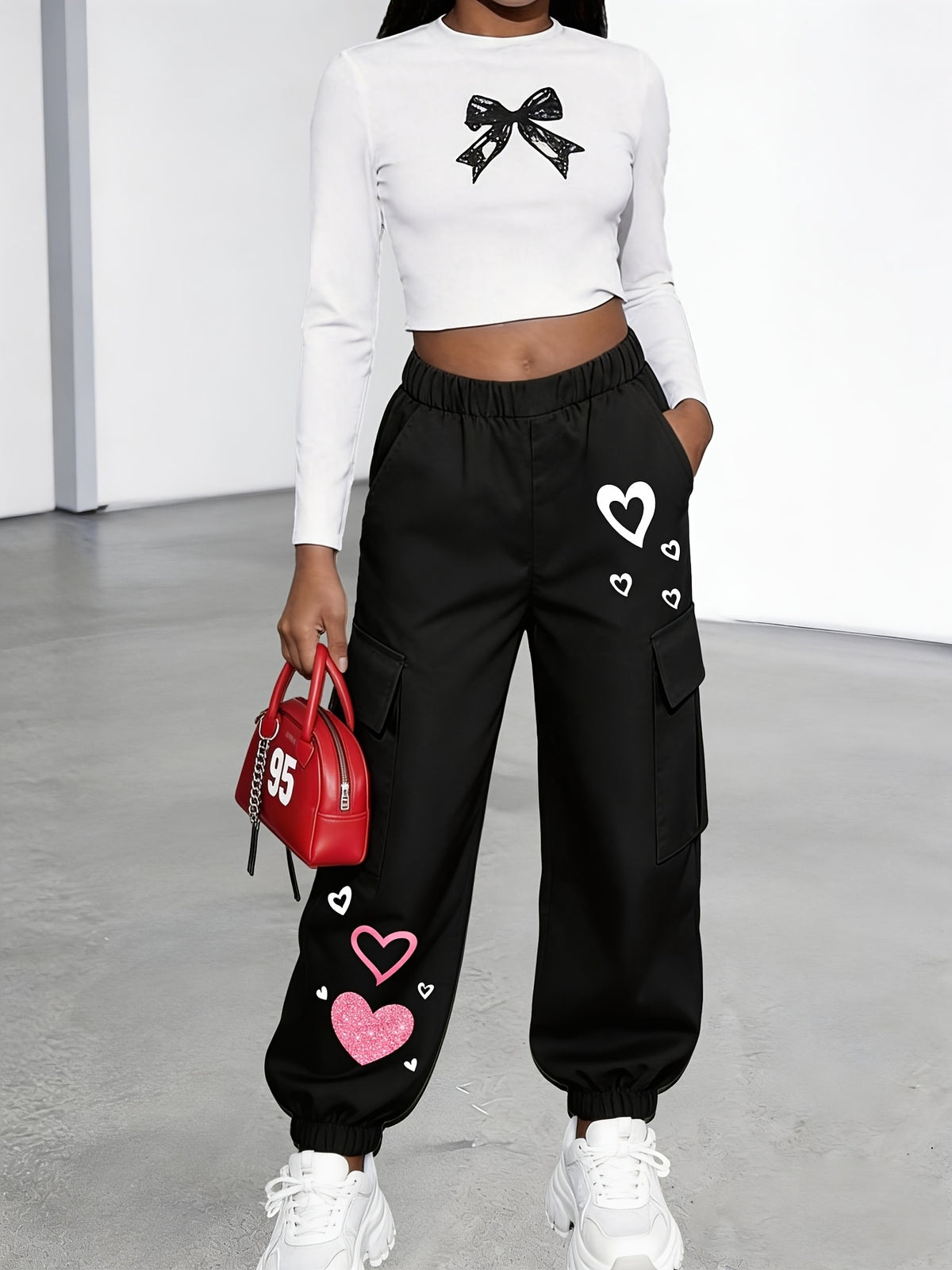 New Arrival - Women's Cargo Pants Sold Individually, Cute and Fun Heart Print Work Pants with Multiple Pockets, Cargo Pants Style, Long Pants for Fashionable Aged 18-25, Machine Washable, Durable Fabric - Suitable for Spring and Summer - Black