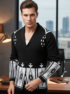 Men'S New Fashion Geometric Color Block Pattern Suit Collar Jacket Knitted Warm Top - Black