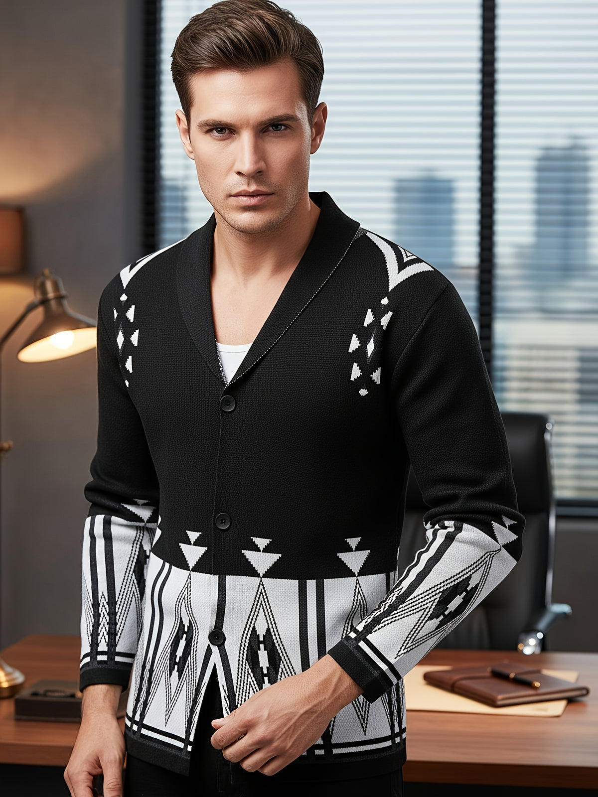 Men'S New Fashion Geometric Color Block Pattern Suit Collar Jacket Knitted Warm Top - Black