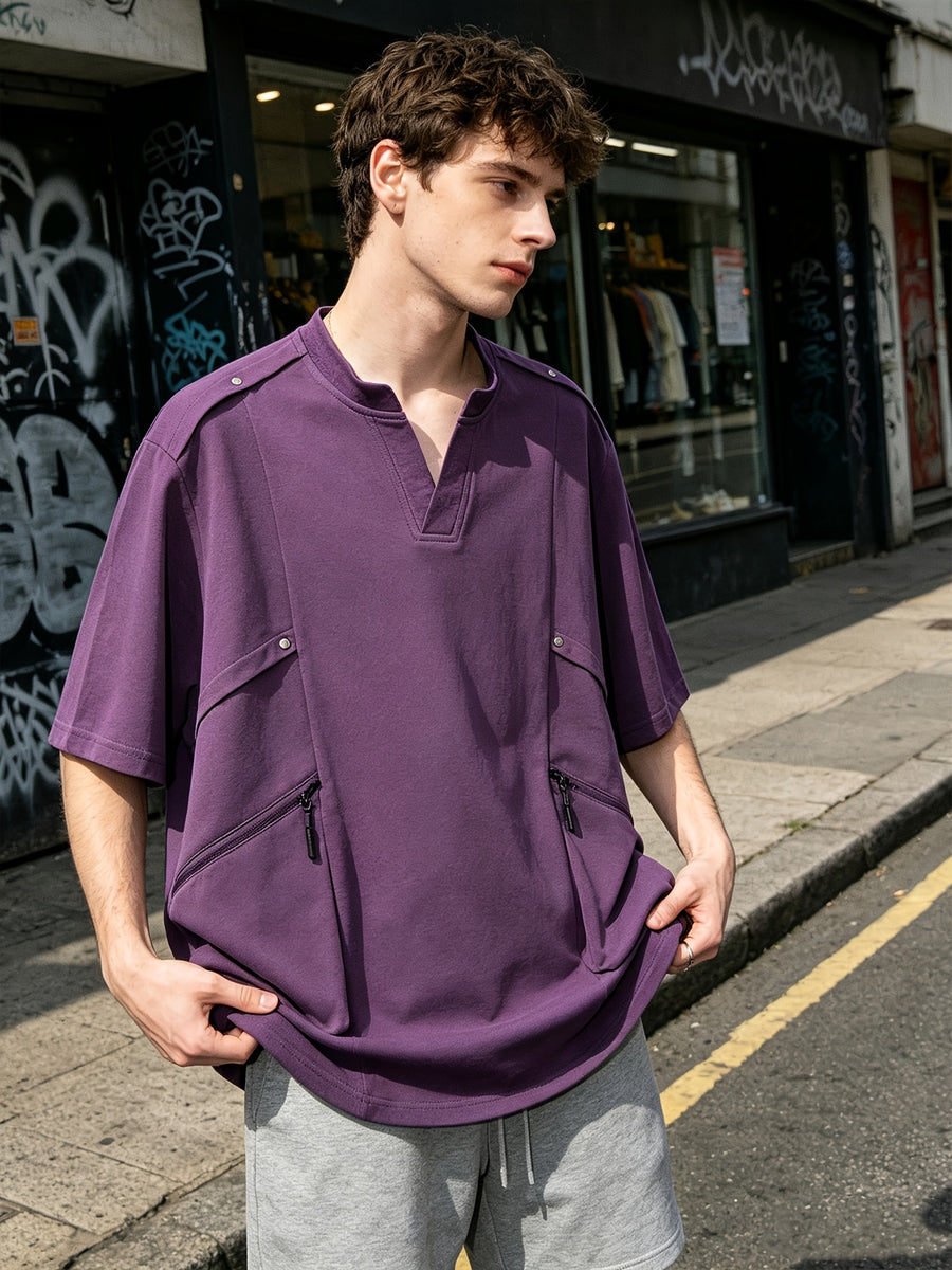 [Kuzan Yuki OBM] Men'S Summer New V-Neck Cargo Casual T-Shirt for Travel, Commute, Vacation, Individual, All-Match Fashion Tee - Purple