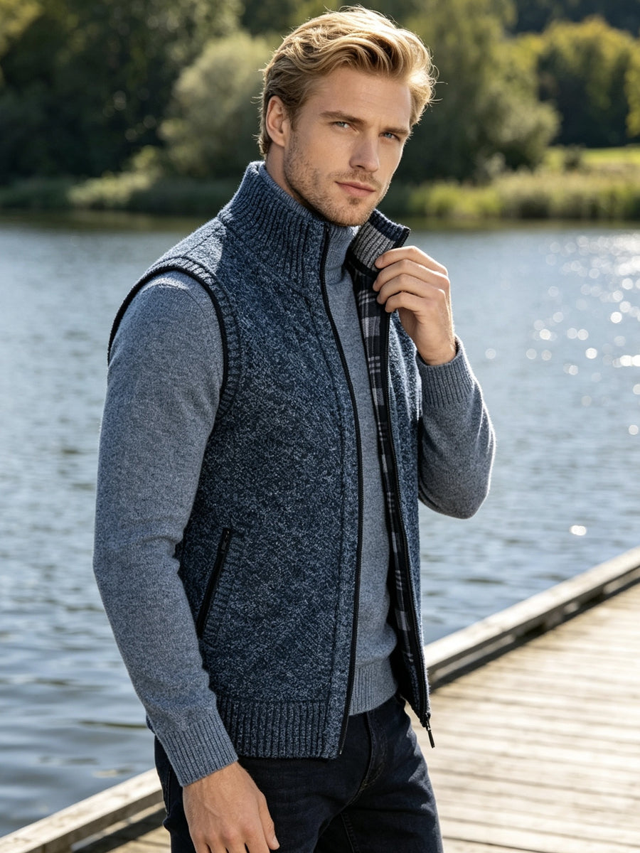 Men'S Stand Collar Zip-Up Vest, Thick Warm Sleeveless Sweater Waistcoat Gilet, Casual Fall Winter Outerwear Sleeveless Cardigan for Daily Commute Outdoor Street Wear - Grey Blue