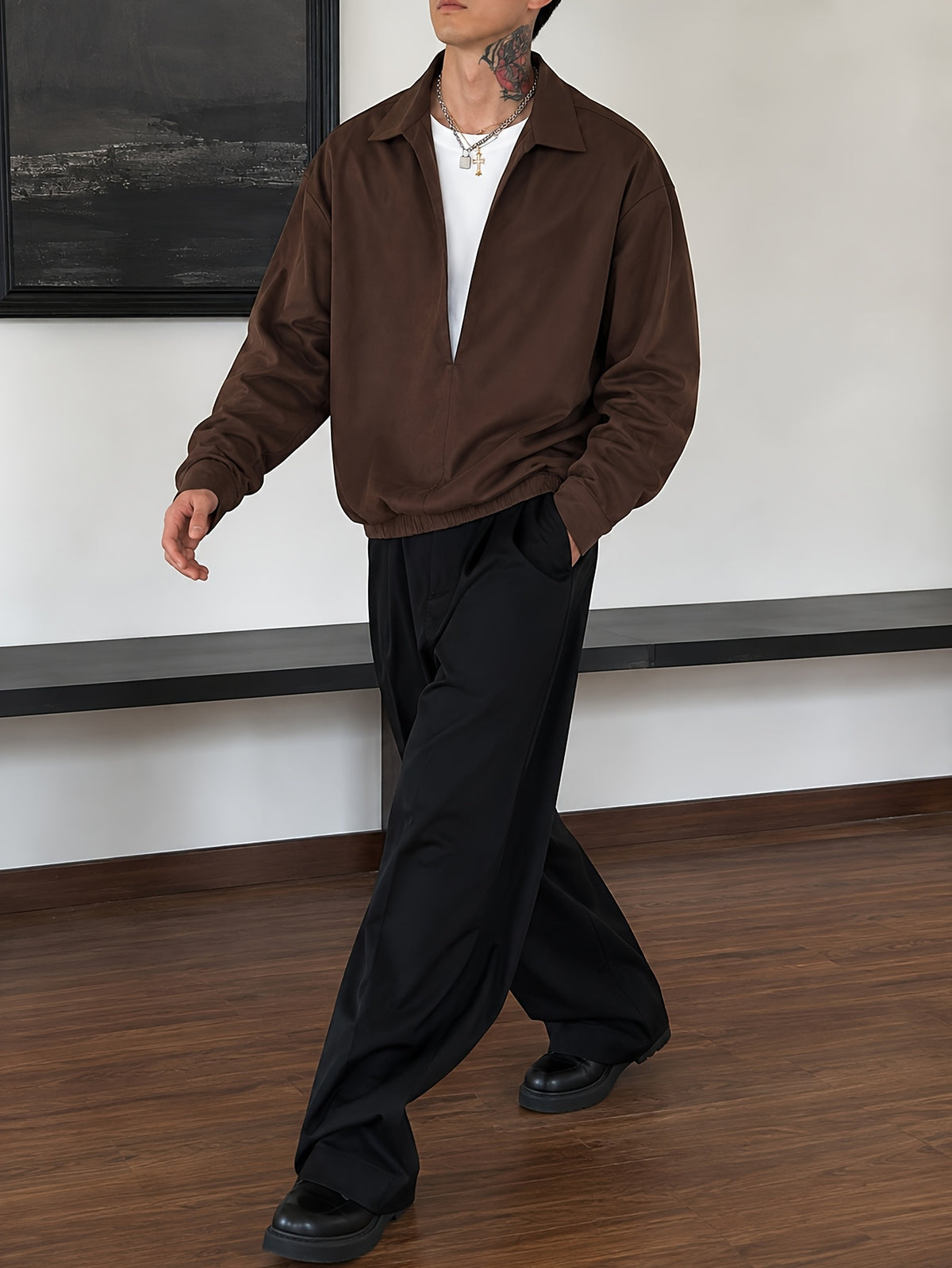 Men'S V-Neck Faux Two-Piece Open Front Long Sleeve Shirt Jacket with Elastic Cinch Hem, Premium Casual Commuter Shirt, Everyday Relaxed All-Match Pullover - Coffee Color