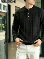 FORLENGKE Autumn/Winter New Arrival Men's American Manor Vintage Style Henley Neck Knit Sweater, Vertical Cable Waffle Knit Patchwork Texture, Regular Shoulder Fitted Cut, Autumn/Winter Manor Vacation Countryside Stroll Coffee Break Daily Streetwear - Black