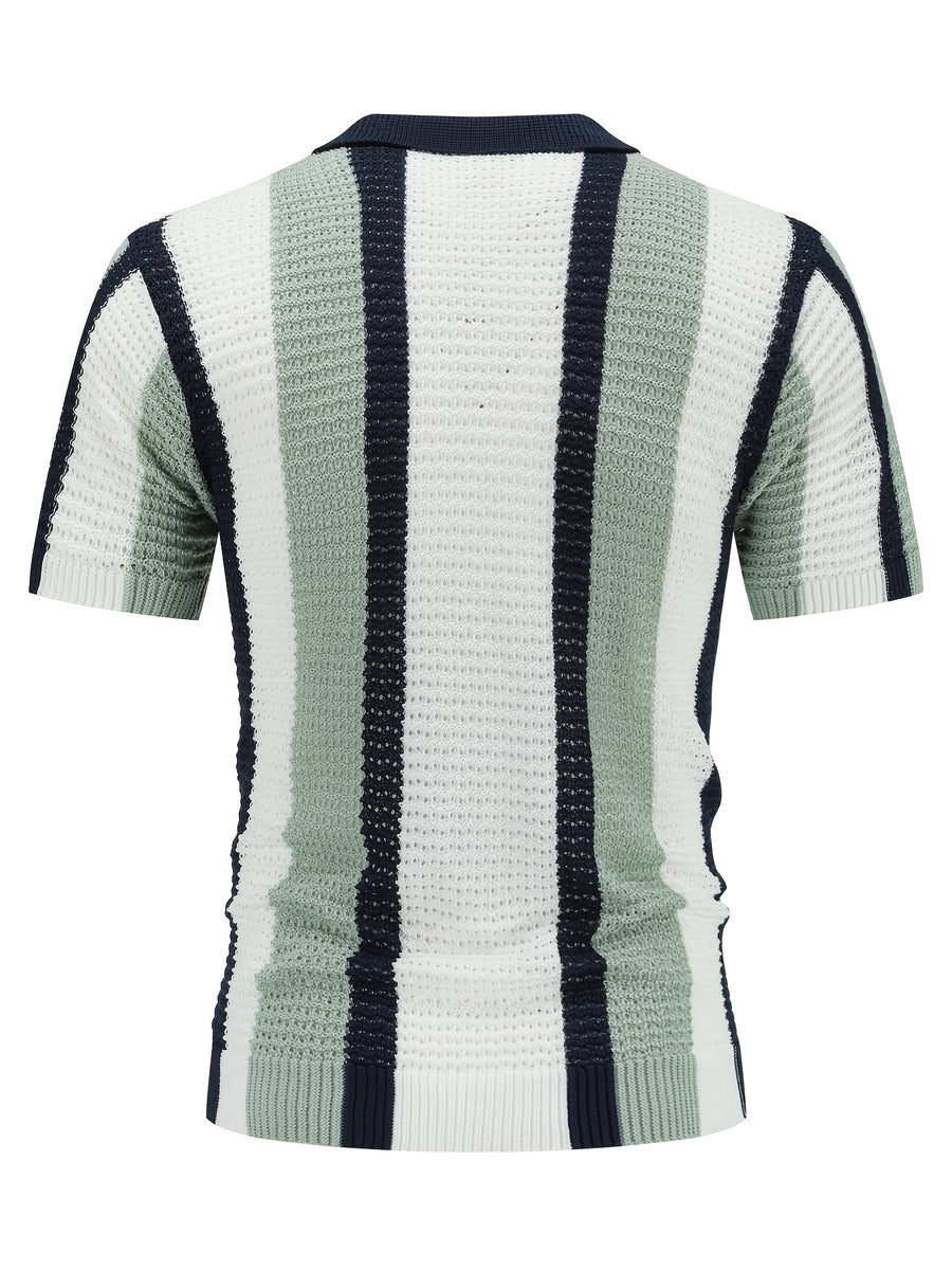 Men'S Color-Block Short-Sleeved Hollow Knit Cardigan Is Suitable for Summer And Autumn Fashion Breathable Open Knit Top - Navy Blue + Off-White + Pink Green