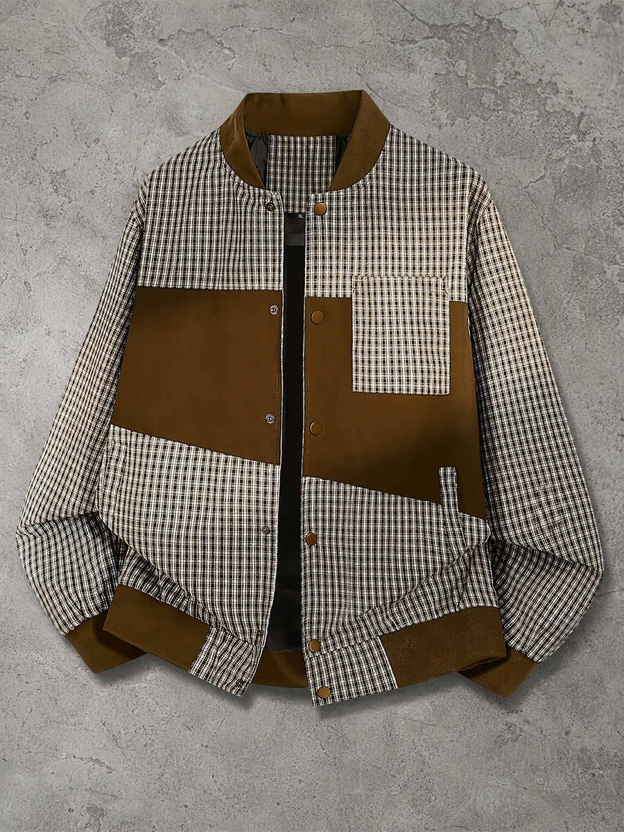 Men'S Vintage Jacket with Pockets, Snap-Button Front, Classic Plaid Pattern, Fashionable Retro Street Baseball Coat, Men'S Preppy Jacket - Coffee Color