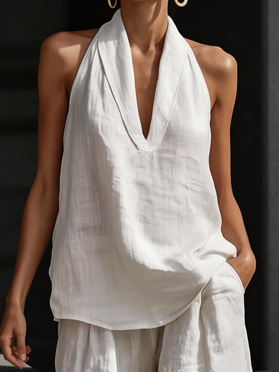 Women' French-Style Off-Shoulder Halter Neck T-Shirt - Solid Color Sleeveless Top, Machine Washable Suitable for Casual, Commuting, Banquets & Dates, Elegant Versatile for Year-Round Wear - White
