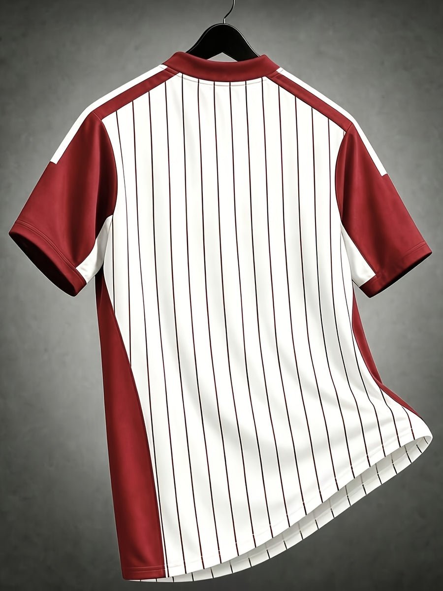 Men'S Casual Round Neck T-Shirt, Striped Color-Block Design Pattern, All-Season Fashion Top, Breathable Regular Fit for Casual And Formal Wear - Round Neck Casual Shirt, Comfortable Wear, Gift for Teens And Adults, Outdoor Activity Shirt - Red