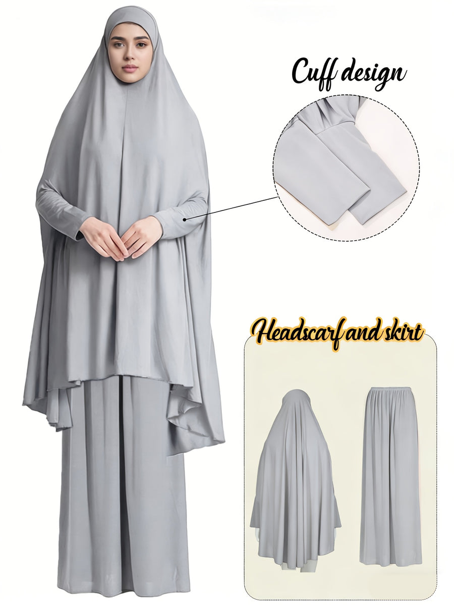2pcs Women'S Solid Color Robe And Skirt Set, a Conservative And Elegant Outfit for Everyday Wear, Featuring Sleeves Inspired by Middle Eastern Traditional Culture, Abayas - Light Grey