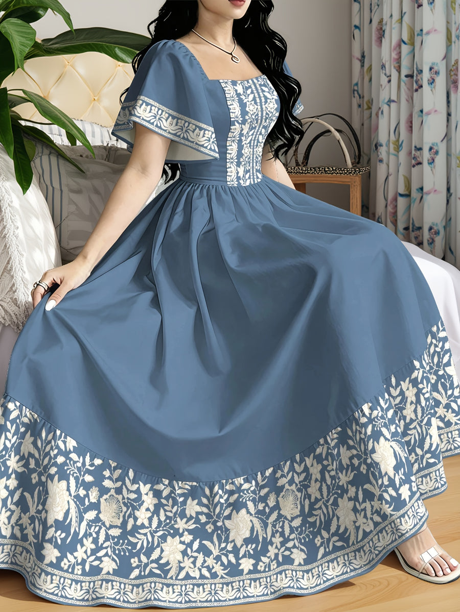 The Summer Floral-Themed Elegant Resort-Style Dress Features a Butterfly Wing Print Design, a Square Neckline And Short Sleeves, Is Equipped with a Waist-Cinching Design, And Has a Moderate Length - Bright Steel Blue