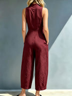 Women'S Elegant Spring Summer Retro Solid Color Jumpsuit, Stand Collar Sleeveless Loose Leg, Suitable for Fashion Workwear, Comfortable Casual Wear - Deep Red
