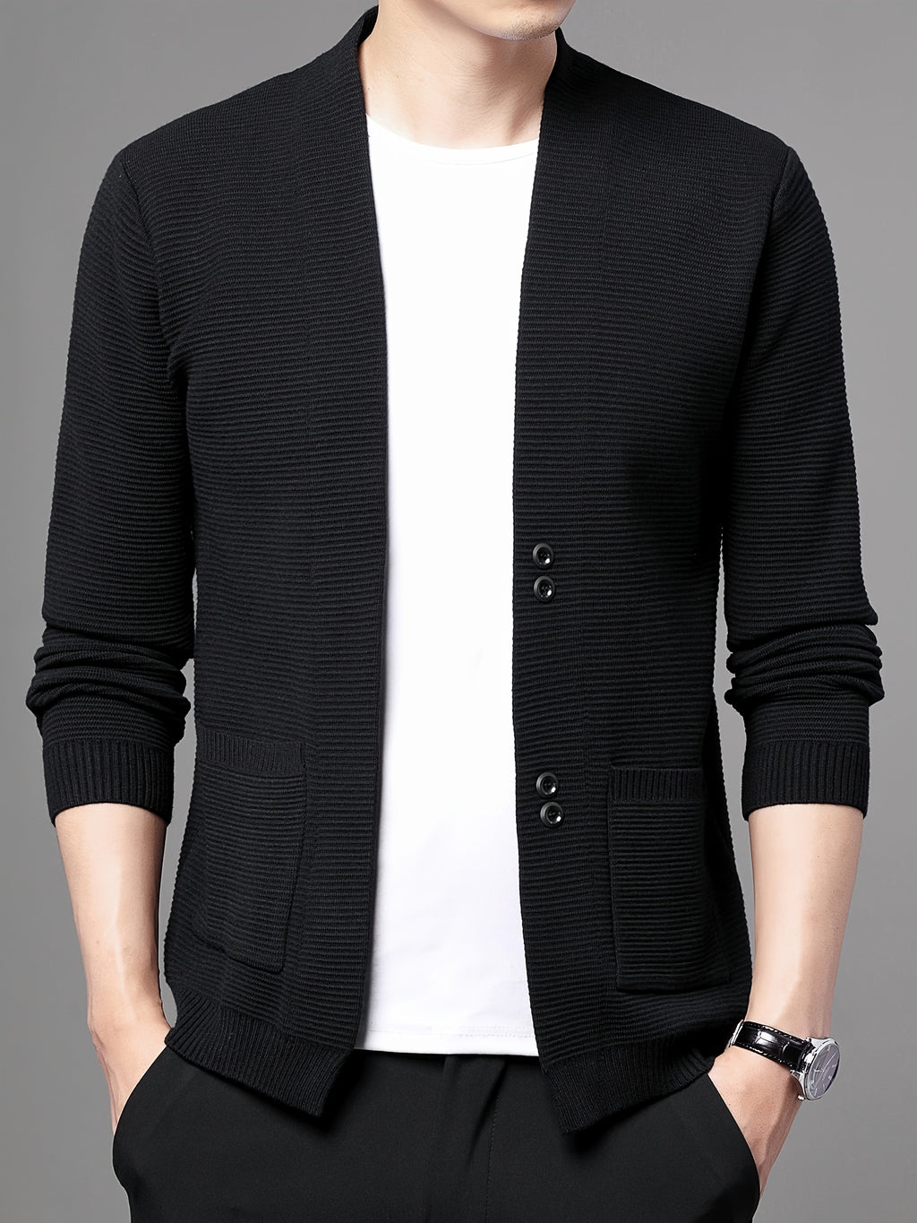 [Wading Whale OBM] Spring/Summer New Men'S Knit Cardigan, Old Money Style Solid Color V-Neck Long Sleeve Open Front Sweater Jacket with Single Button Closure And Side Pockets, Suitable for Spring And Autumn Layering Or Outerwear - Black