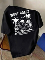 Men'S Casual T-Shirt, Fashionable Round Neck Short Sleeve, WEST COAST California Beach Surfing Pattern, All-Season Versatile, Durable Print Machine Washable Non-Fading, Commute, Streetwear, Campus, Couple Wear - Black