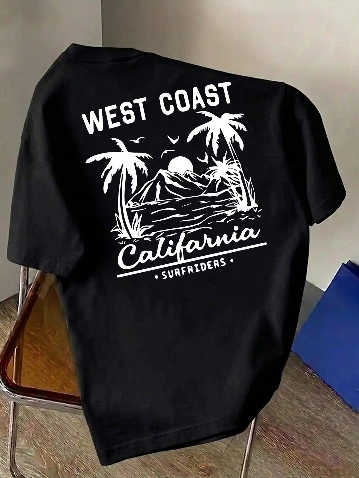 Men'S Casual T-Shirt, Fashionable Round Neck Short Sleeve, WEST COAST California Beach Surfing Pattern, All-Season Versatile, Durable Print Machine Washable Non-Fading, Commute, Streetwear, Campus, Couple Wear - Black