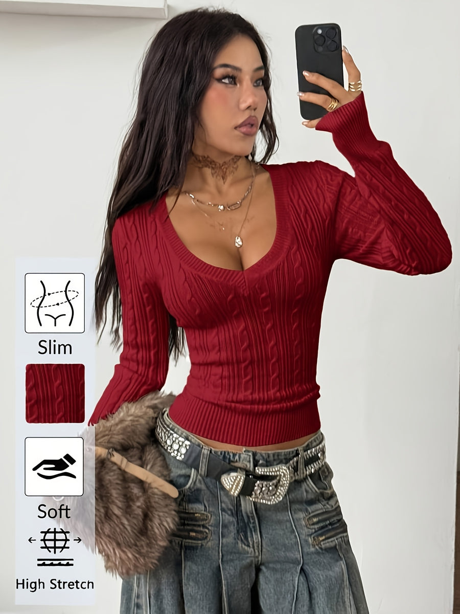 Women'S Spring/Summer Elegant Casual Ribbed V-Neck Long-Sleeved Slim Top - Burgundy