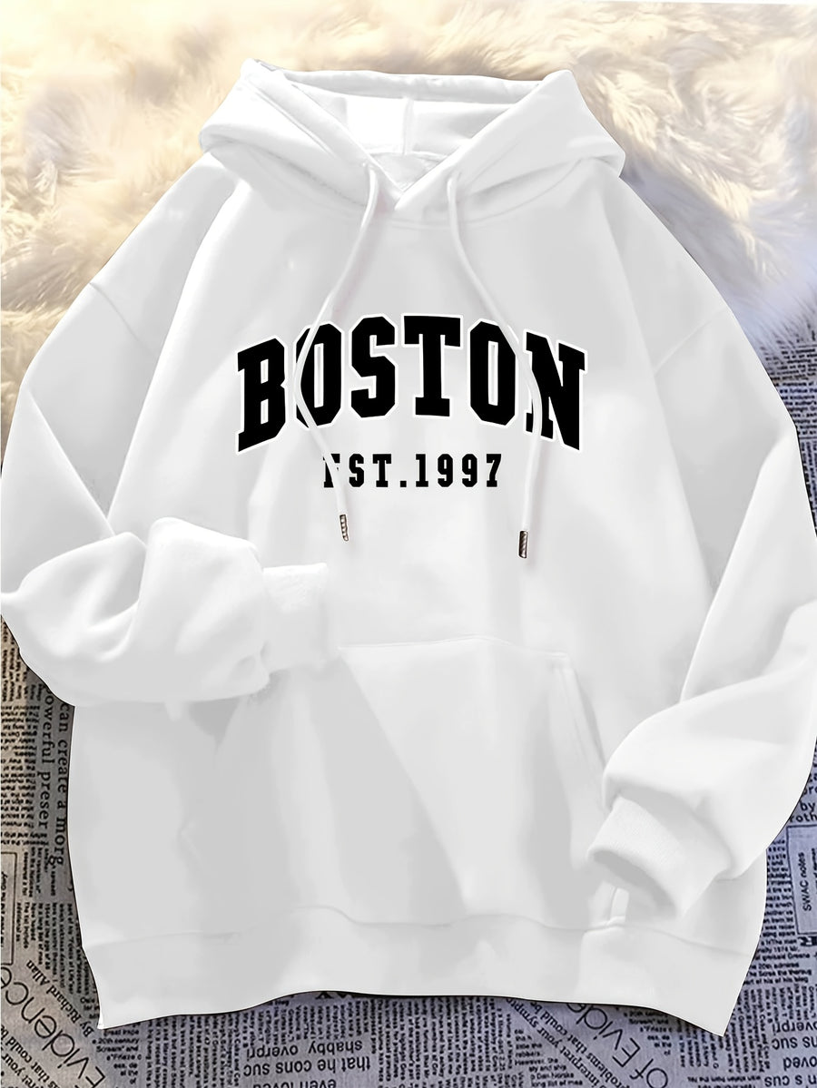Minimalist Style Boston Letter Print Men'S Hooded Sweatshirt Regular Fit, Casual Long Sleeve Pullover - White
