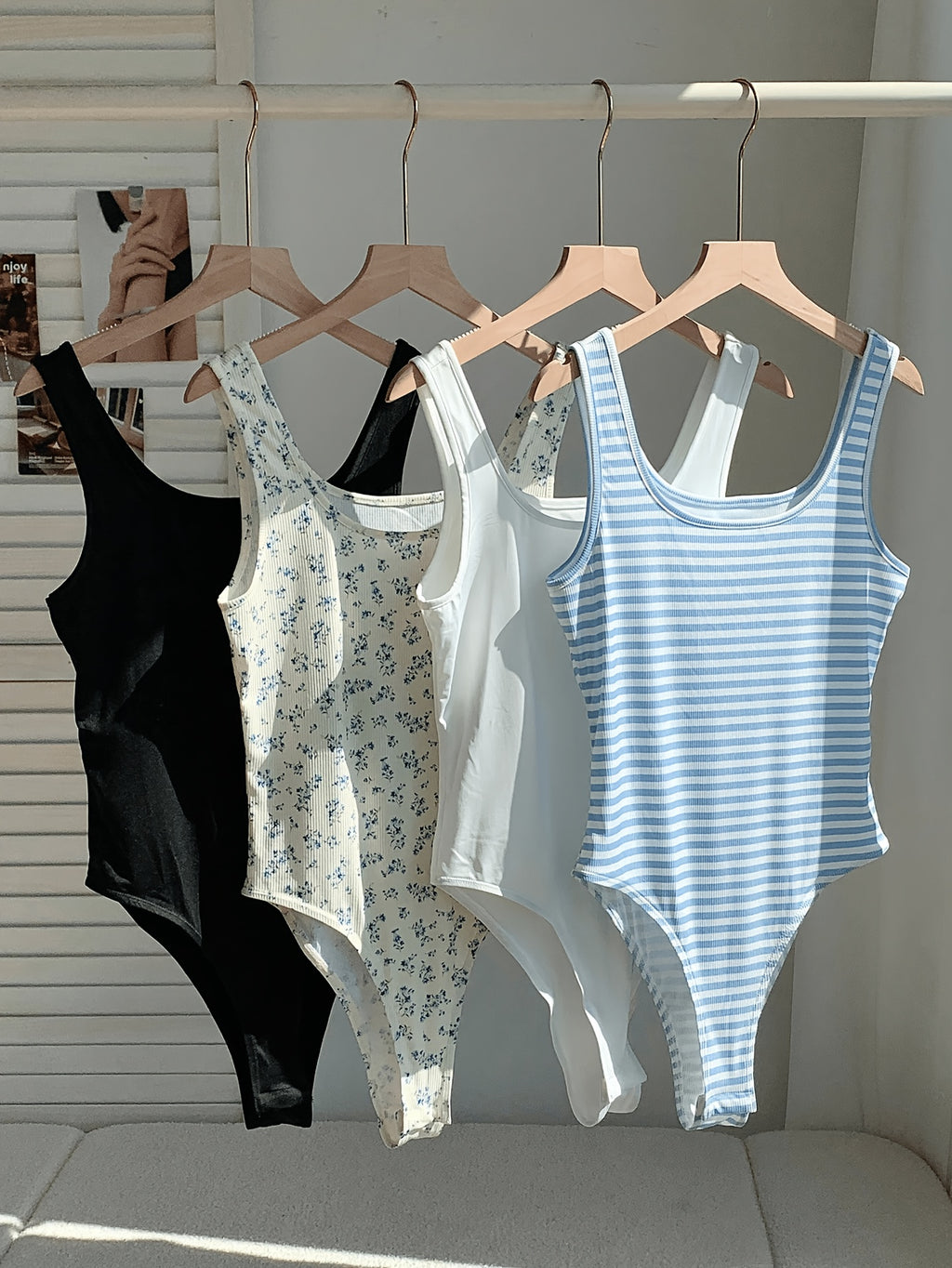 4pcs Women's Elegant and Stylish Multi-Color Sleeveless Bodysuit Set, Solid Color and Printed Styles, 4pcs Combination of Bodycon Bodysuits - Black + White Bottom Blue Flower + White + Blue And White Stripes