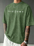 American-style Distressed Washed Short-sleeve T-shirt with Cross and Creative Letter Print, Men's Simple Versatile Trendy Crew Neck Short-sleeve Top - Green