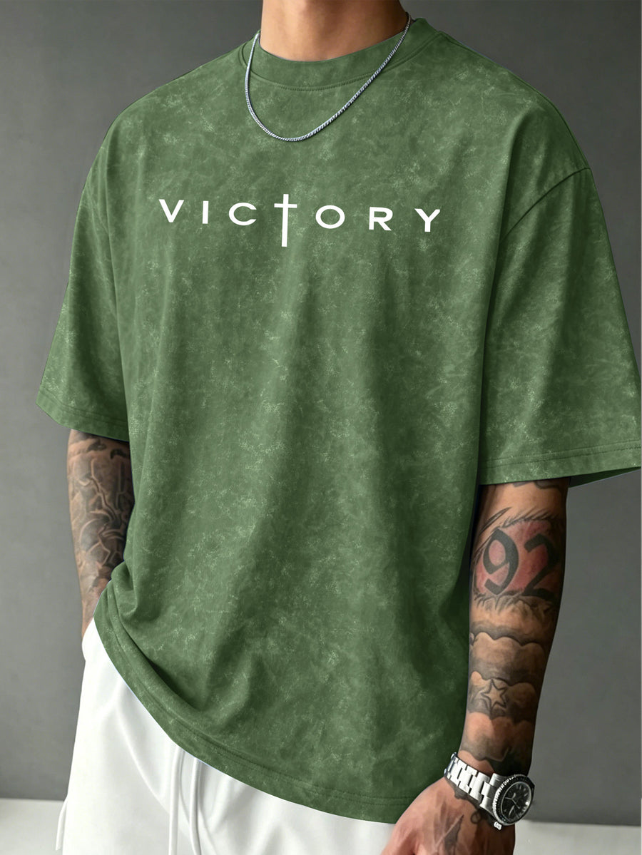 American-style Distressed Washed Short-sleeve T-shirt with Cross and Creative Letter Print, Men's Simple Versatile Trendy Crew Neck Short-sleeve Top - Green