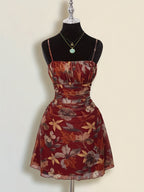 Women'S New Floral Print Ruched Decor A-Line Umbrella Skirt Cami Dress, Fashionable Elegant Vacation Commute Outing, Dating Party, Street Trendy, Casual Wear Short Dress Bridesmaid Gown, Suitable for All Seasons - The color of rouge