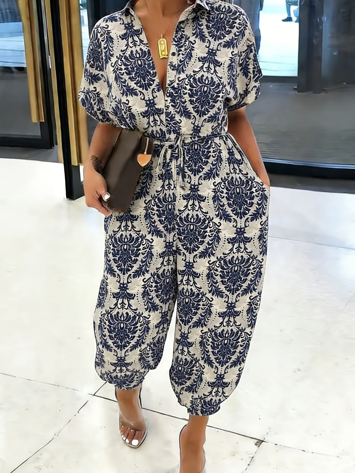 Summer Women'S Casual Printed Jumpsuit, Wide Leg Elastic Ankle Romper, Ethnic Print Vacation Style Fashion Wear, Lapel Neckline And Belt Women'S Trousers - Mixed colors