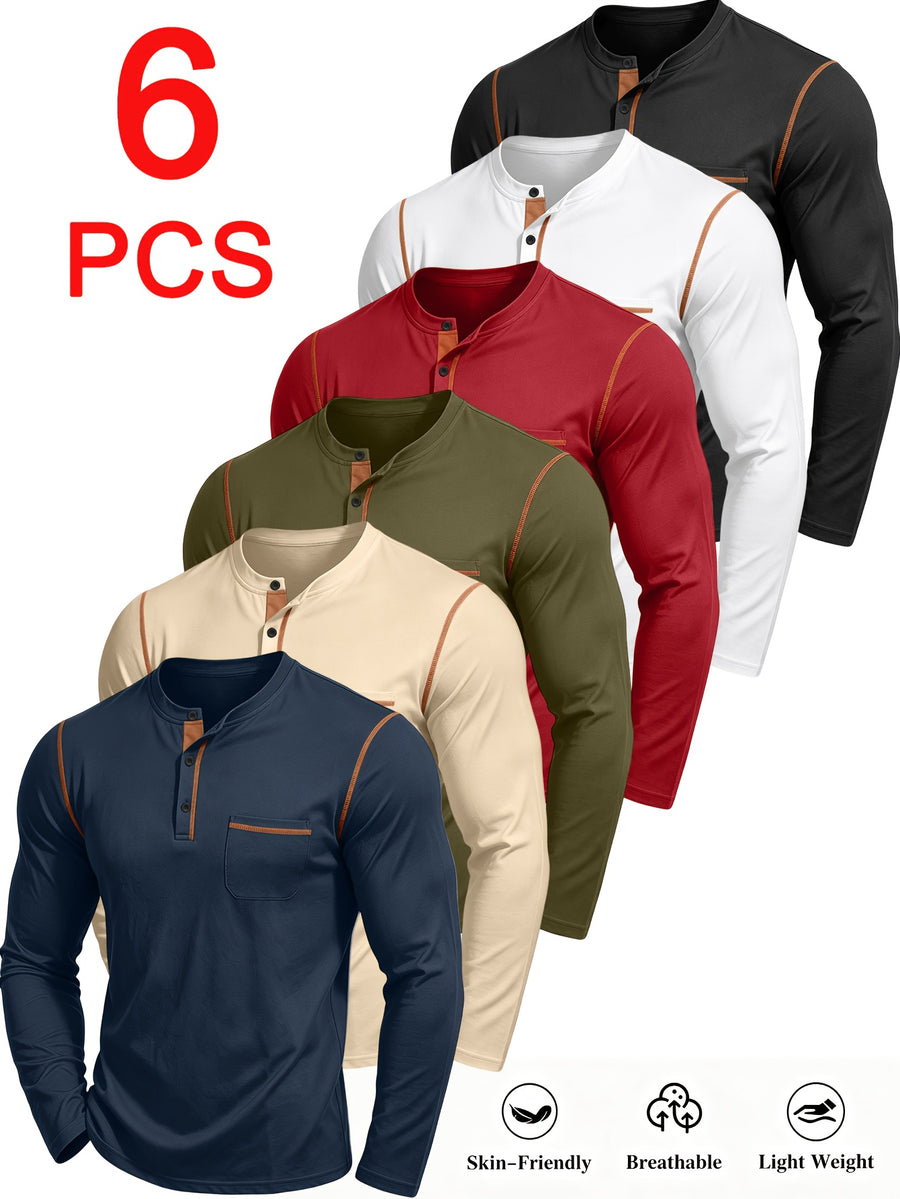 6pcs (6pcs) Men's Henley Shirt - Multi-Color Half-Button Button-Front Collar & Pockets, Lightweight Breathable Stretch Fabric Suitable for Casual, Outdoor, Daily Wear - - Versatile Button-Up T-Shirts for Gifting (Year-Round) - Mixed colors
