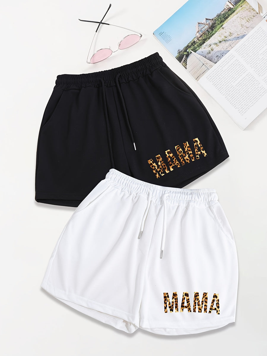 2pcs,Letter Print Drawstring Shorts, Casual Shorts, Women's Clothing - Black+White