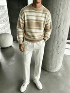 Men's Striped Crewneck Long-sleeve Knit Top, Comfortable, Breathable, and Lightweight, Suitable for Casual Wear, Vacations, and Valentine's Day - Khaki