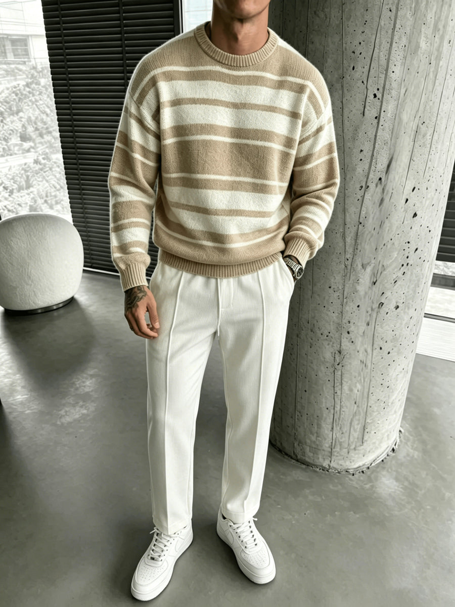 Men's Striped Crewneck Long-sleeve Knit Top, Comfortable, Breathable, and Lightweight, Suitable for Casual Wear, Vacations, and Valentine's Day - Khaki