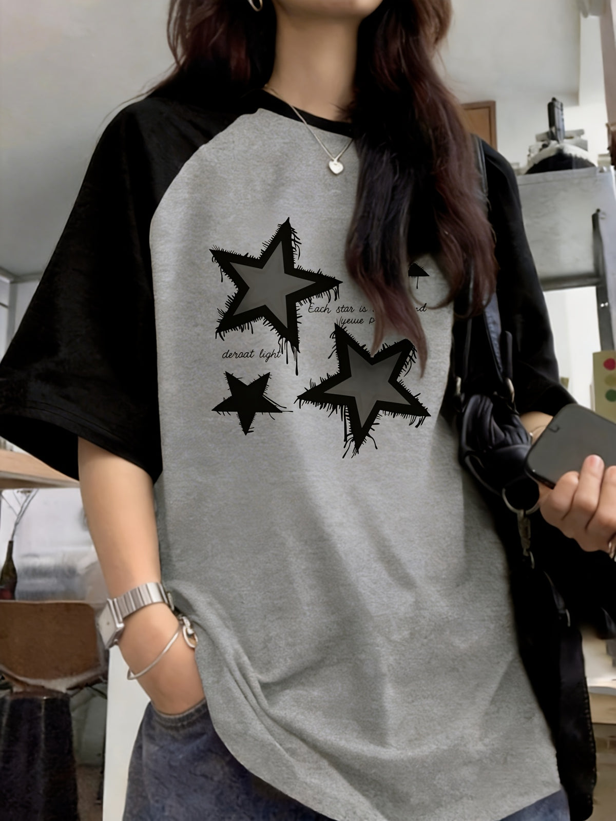 Generic Y2K Aesthetic Star Graphic Tee Women'S Retro Raglan Sleeve T-Shirt Grunge Streetwear Loose Fit Crewneck Short Sleeve Top - Light Grey