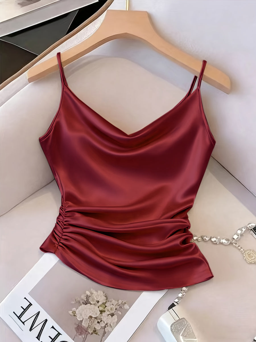 [Development WY260120078] Women's Satin Irregular Hem Side Gathers Daily Fashion Commuting Vacation Camisole Top - Red