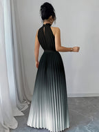 Elegant Romantic Ruffled Neckline And Waist Tie A-Line Pleated Gradient Maxi Dress - Deep Grey