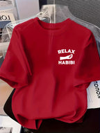 Front And Back Printed Women'S Fashion Base Print T-Shirt, Soft And Versatile, Casual Style Printed Pattern with RELAX HABIBI Lettering And Hand Gesture Design Printed Short Sleeve T-Shirt, Suitable for Casual Wear, Fashion All-Season Top - Red
