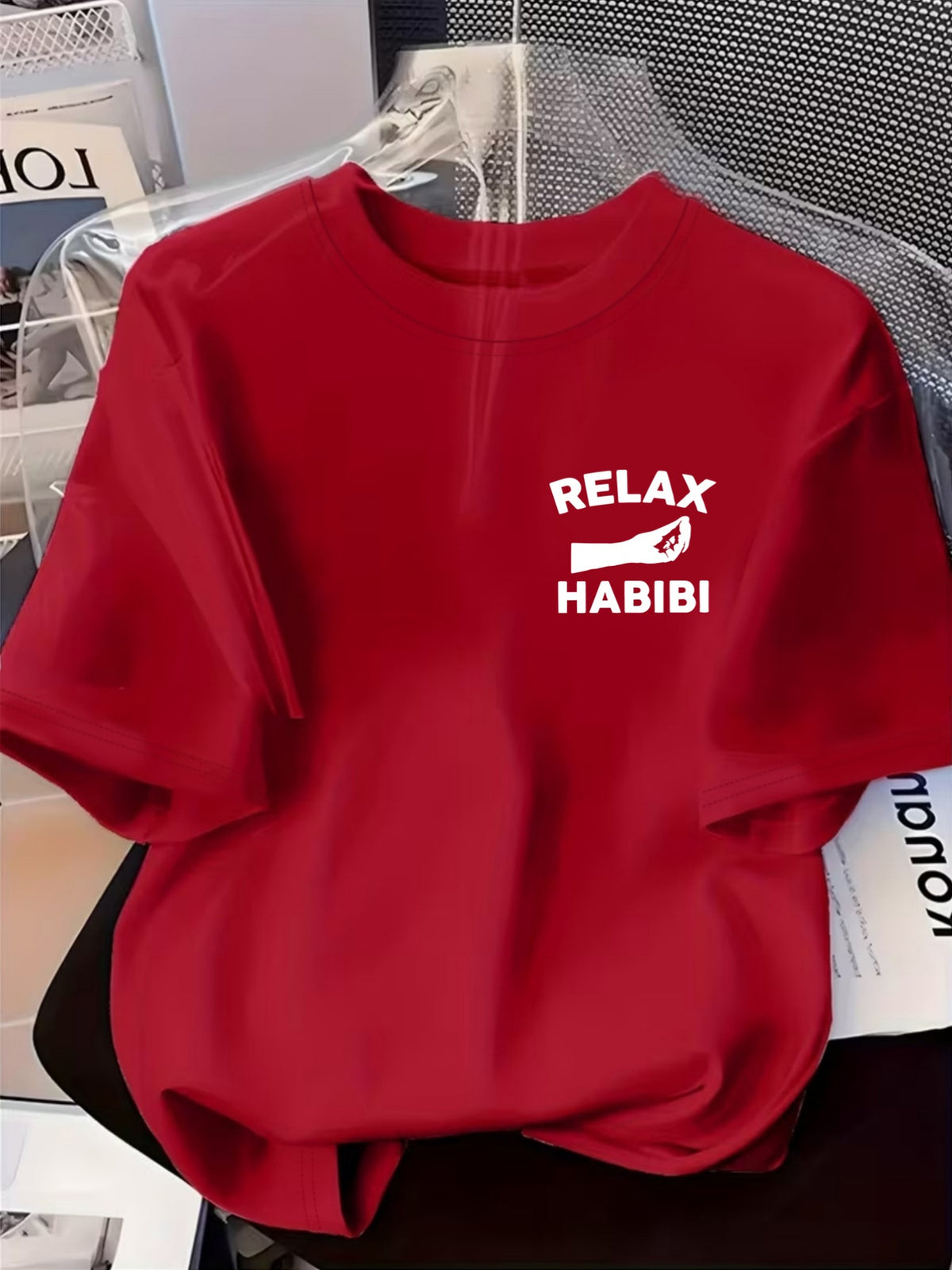 Front And Back Printed Women'S Fashion Base Print T-Shirt, Soft And Versatile, Casual Style Printed Pattern with RELAX HABIBI Lettering And Hand Gesture Design Printed Short Sleeve T-Shirt, Suitable for Casual Wear, Fashion All-Season Top - Red
