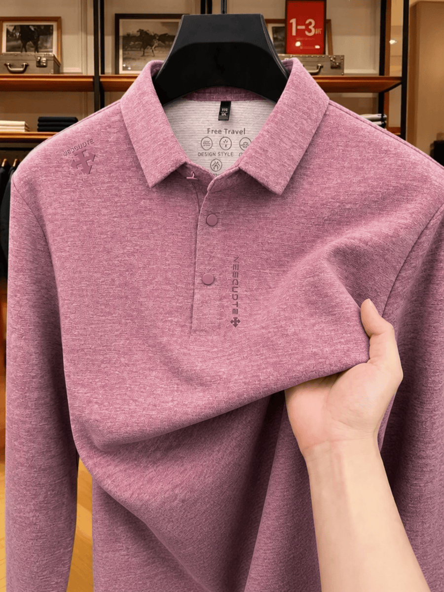 Men's Lapel Long Sleeve Polo Shirt Thickened Warm Top Autumn Winter Business Casual Layering Apparel for Middle Aged Dad Versatile Daily Outfit Suitable for Golf Fishing Tennis Sports Office And Daily Wear for Men - Elegant Pink