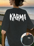 Front And Back Print T-Shirt, Cause And Effect, KARMA Pattern Women'S Round Neck Casual Short Sleeve Top, Trendy Fashion Casual Style, Women'S Double-Sided Printed Top, Round Neck Women'S Short Sleeve T-Shirt S-XXL - Dark Gray