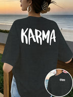 Front And Back Print T-Shirt, Cause And Effect, KARMA Pattern Women'S Round Neck Casual Short Sleeve Top, Trendy Fashion Casual Style, Women'S Double-Sided Printed Top, Round Neck Women'S Short Sleeve T-Shirt S-XXL - Dark Gray