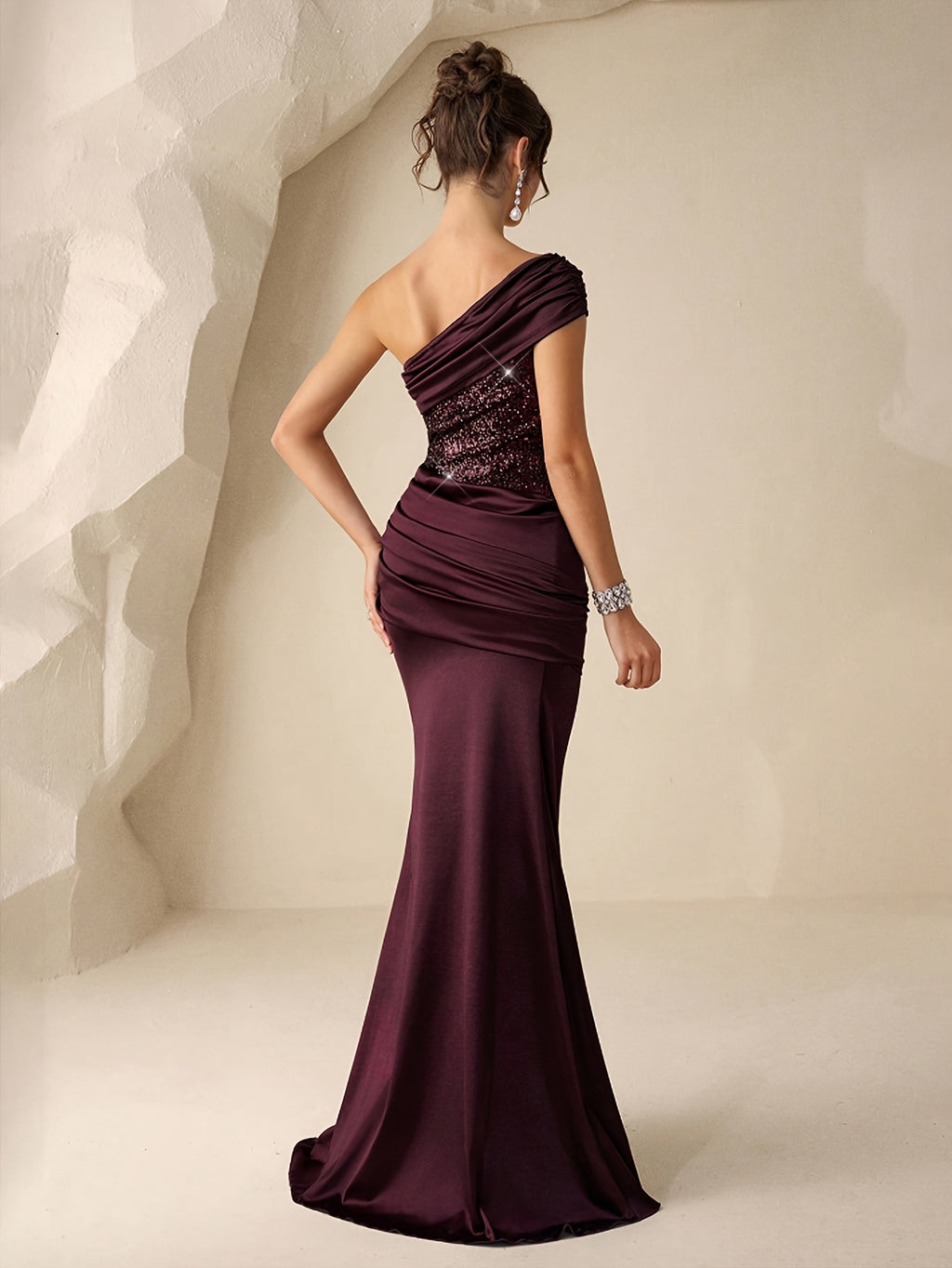 Women's Sequined Mermaid Trendy Style, Formal Evening Dress with One Shoulder, Ladies' Gorgeous and Elegant Celebration Gown, Valentine's Day Sequined Dress, for Graduation Ceremonies, Opening Ceremonies, Music Festivals, Birthday Parties - Maroon 2