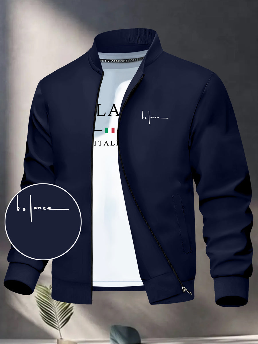 Slim-fit Versatile Men's Jacket, Featuring a Simple Handwritten Pattern, Men's Zip-up Jacket, Comfortable Casual Style, Suitable for Outdoor Activities - Star Blue