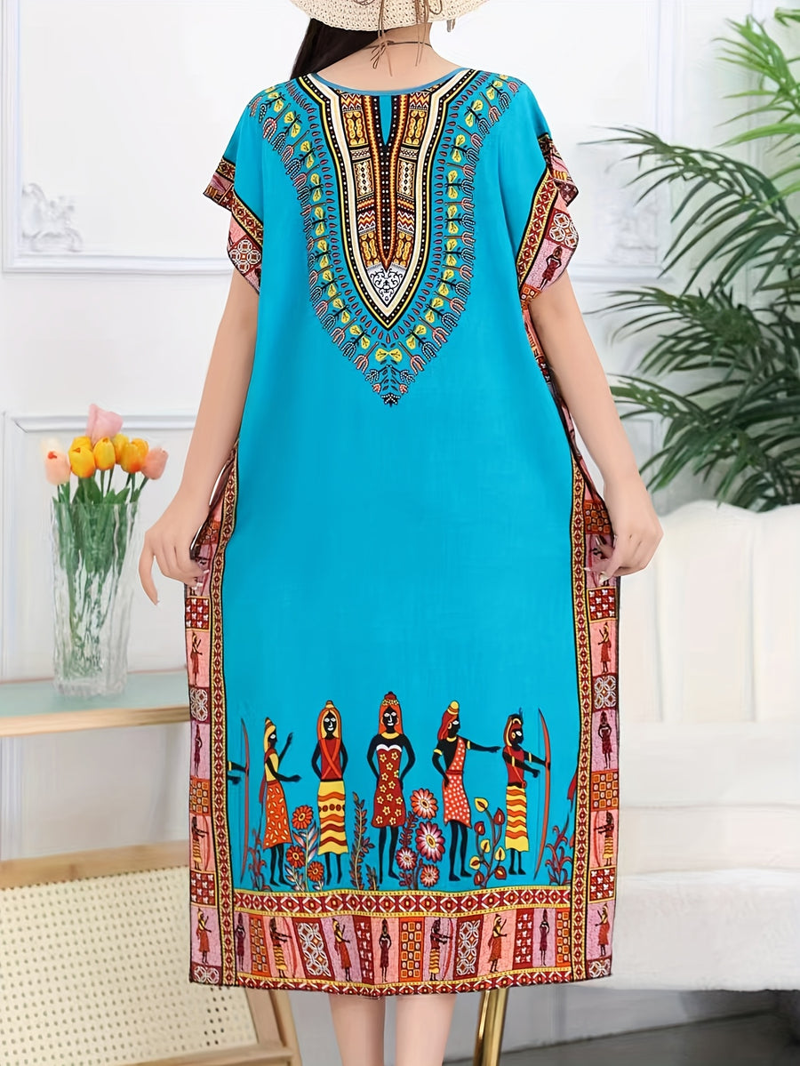 Ethnic Style Dress Summer New Bohemian Style Vacation Batwing Sleeve Dress Loose Beach Dress - Mineral Green
