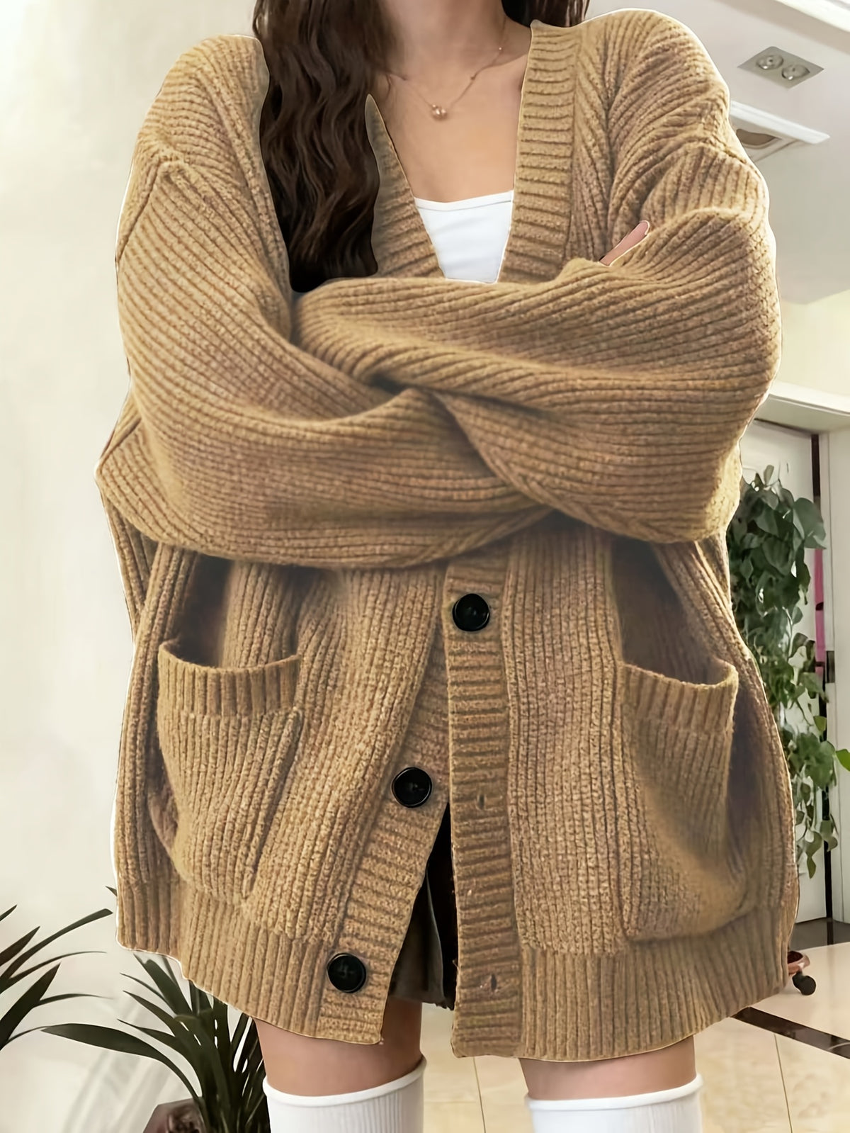 Button Front Cardigan With Patched Pocket, Casual V Neck Solid Color Ribbed Drop Shoulder Cardigan For Fall & Winter, Women's Clothing - Yellowish-brown