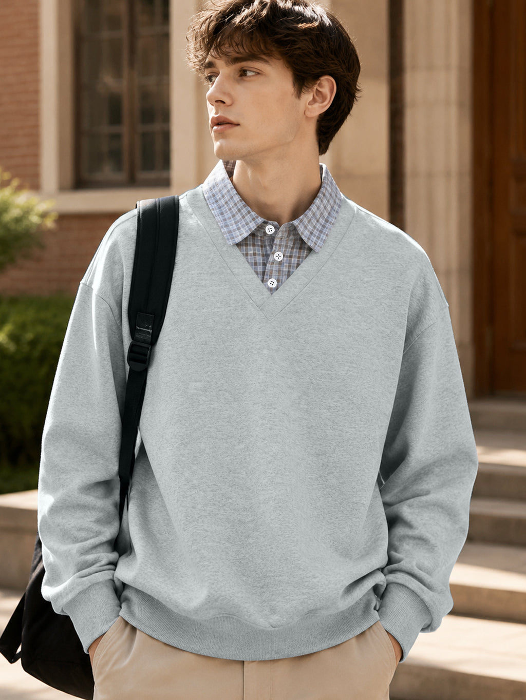American Casual Men's Patchwork Shirt Collar 2-in-1 Look Sweatshirt, Relaxed Loose Fit V-Neck Versatile Daily Basic Long Sleeve Top - Gray