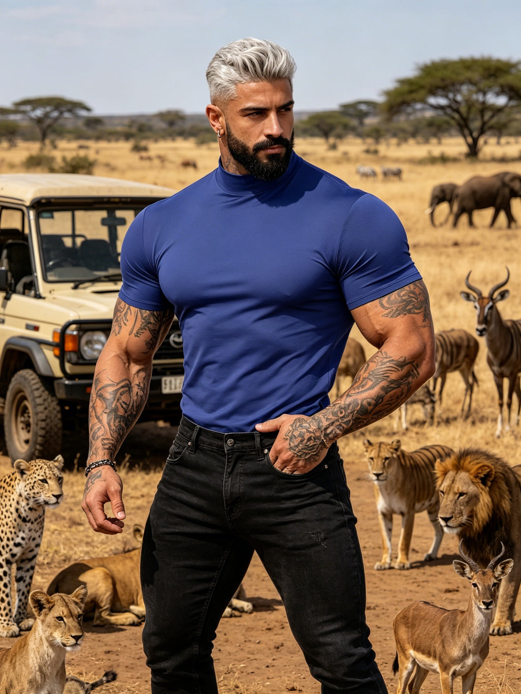 Summer Breathable Solid Color Half-Neck Short Sleeve 2pcs Set Men'S Shaping Slimming High-Elastic Fabric Light Luxury Fashion Fitness Sports Daily Wear Easy Premium Feel Versatile Base Top - Blue